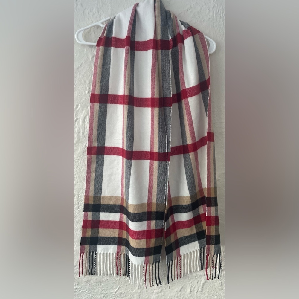 Made in Scotland wide 100% cashmere red, tan, black plaid scarf, fringe detail
